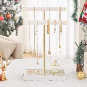 Gold & White Jewelry Stand - Two-Tier Necklace Organizer